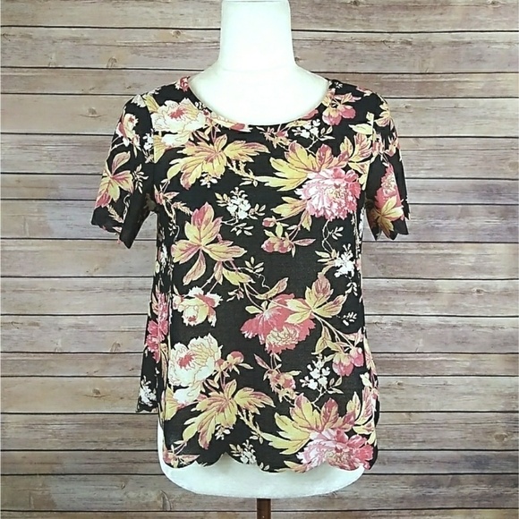 Topshop top black multicolor floral scalloped hem and sleeves women's size 2 - Picture 5 of 8